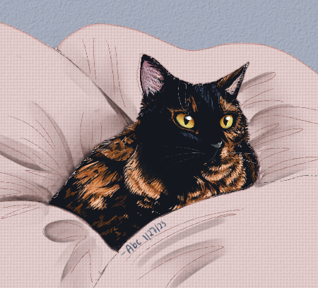 A drawing of a friend's tortoiseshell cat with yellow eyes nestled in a pale pink blanket.